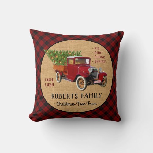 Christmas Tree Farm Vintage Truck Red Plaid Rustic Throw Pillow