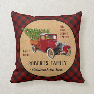 Christmas Tree Farm Vintage Truck Red Plaid Rustic Throw Pillow