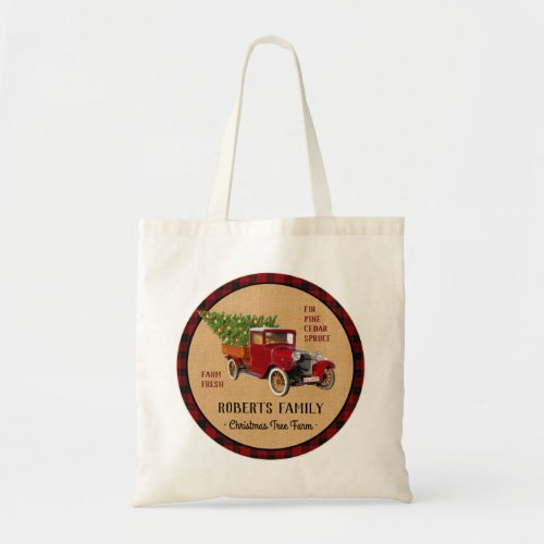 Christmas Tree Farm Vintage Truck Red Plaid Rustic Tote Bag