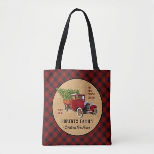 Christmas Tree Farm Vintage Truck Red Plaid Rustic Tote Bag