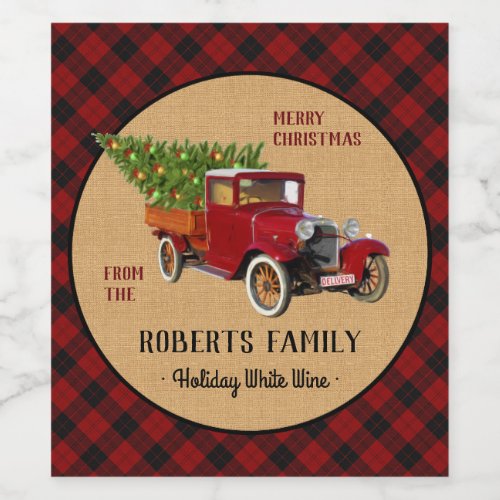 Christmas Tree Farm Vintage Truck Red Plaid Rustic Wine Label