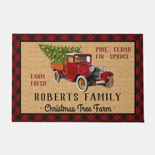 Christmas Tree Farm Vintage Truck Rustic Red Plaid Doormat