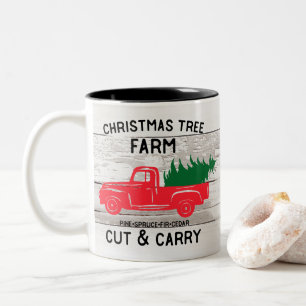 Christmas Tree Farm w/Red Vintage Truck & Tree Two-Tone Coffee Mug