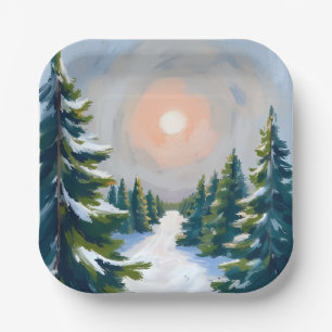 Christmas Tree Farm Watercolor Painting Holiday Paper Plates