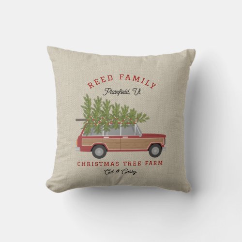 Christmas Tree Farm Wood Wagon SUV Faux Tweed Throw Pillow