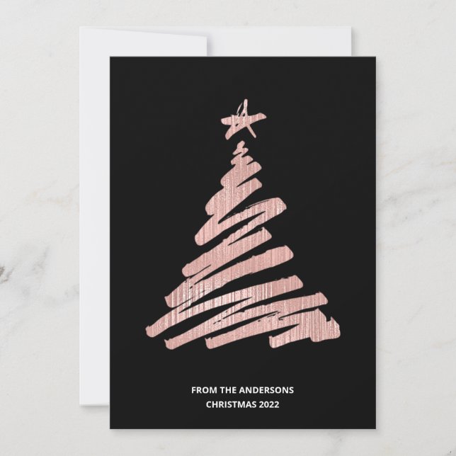 Christmas Tree Faux Rose Gold Foil and Black Holiday Card (Front)