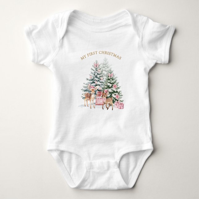 Christmas Tree Fawn Baby's First Christmas Baby Bodysuit (Front)