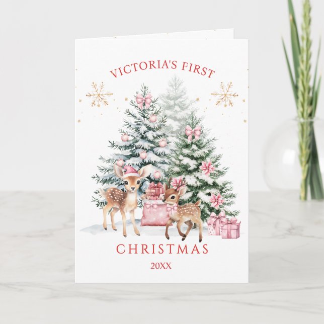 Christmas Tree Fawn Baby's First Christmas  Card (Front)