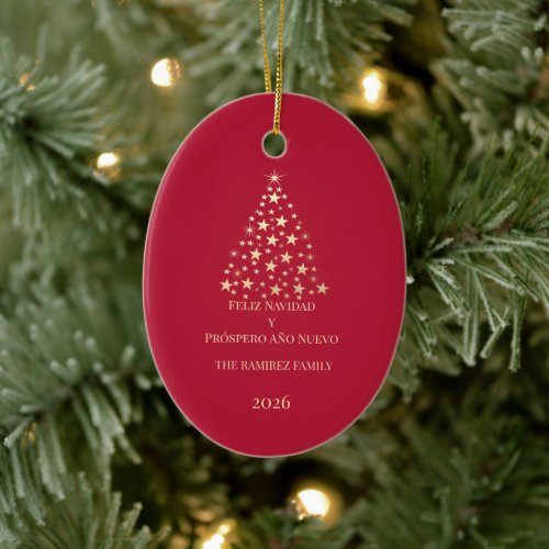 Christmas Tree Feliz Navidad y Prospero Ao Nuevo  Ceramic Ornament