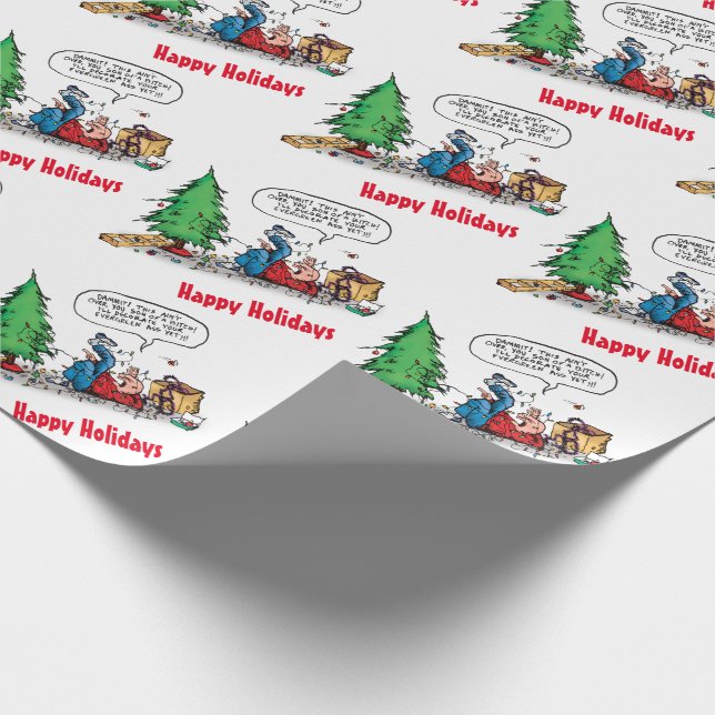 Christmas Tree Fight Funny Cartoon Giftwrap Wrapping Paper (Corner)