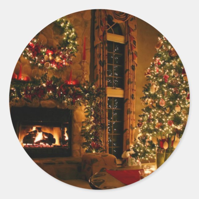 Christmas tree fireplace classic round sticker (Front)