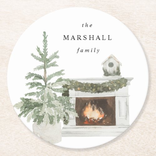 Christmas Tree  Fireplace  Name Circle Round Paper Coaster