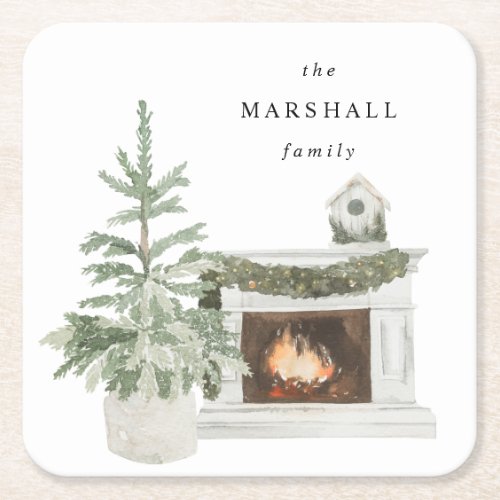 Christmas Tree  Fireplace  Name Square Paper Coaster