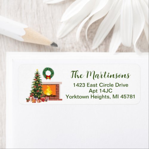 Christmas Tree Fireplace Return Address Label