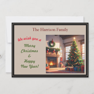 Christmas Tree & Fireplace with Stockings Holiday Card