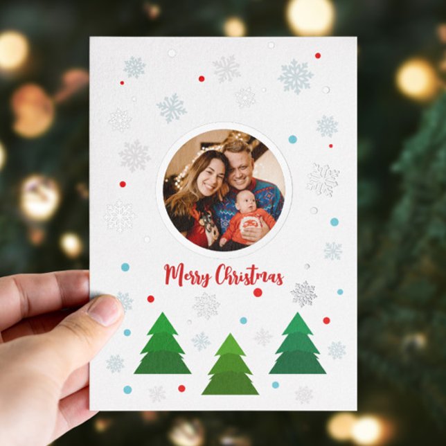 Christmas tree forest and snowflakes custom foil holiday card (Custom Christmas tree forest and snowflakes foil card with your photo)