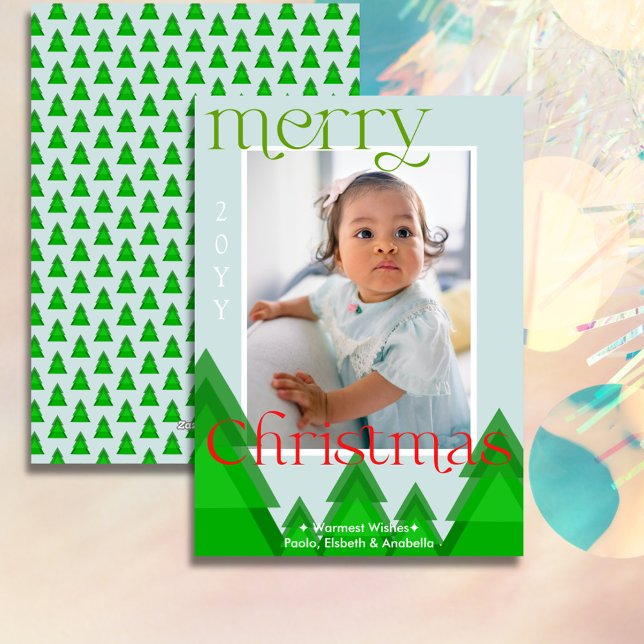 Christmas Tree Forest Modern Pale Blue Photo Card (Geometric Christmas Tree forest, Merry Christmas Photo card.)