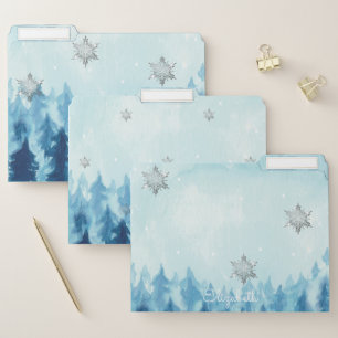 Christmas Tree,Forest,Silver Snowflakes Blue File Folder