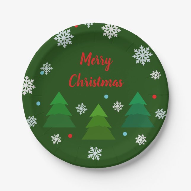 Christmas tree forest, snowflakes, red blue dots paper plates (Front)