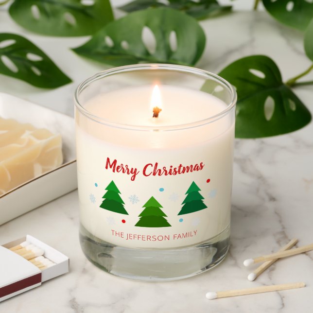 Christmas tree forest, snowflakes, red blue dots scented candle (Lit)