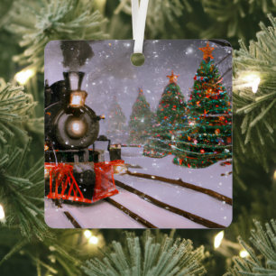 Christmas tree forest train Metal Ornament