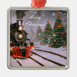Christmas tree forest train   metal ornament