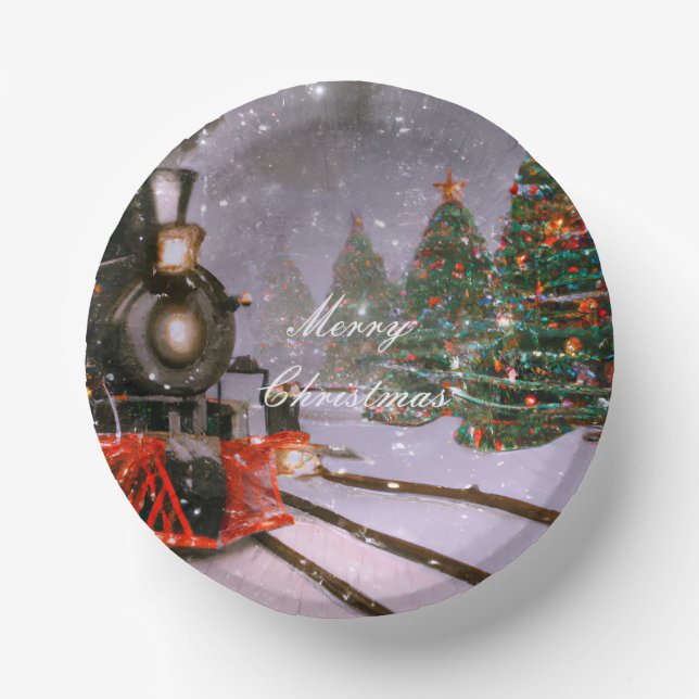 Christmas tree forest train paper bowls (Front)