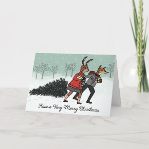 Christmas Tree - Fox and Bunny Bring Home the Tree Holiday Card
