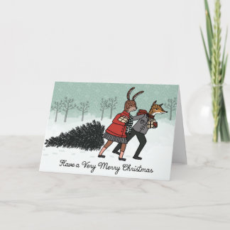 Christmas Tree - Fox and Bunny Bring Home the Tree Holiday Card
