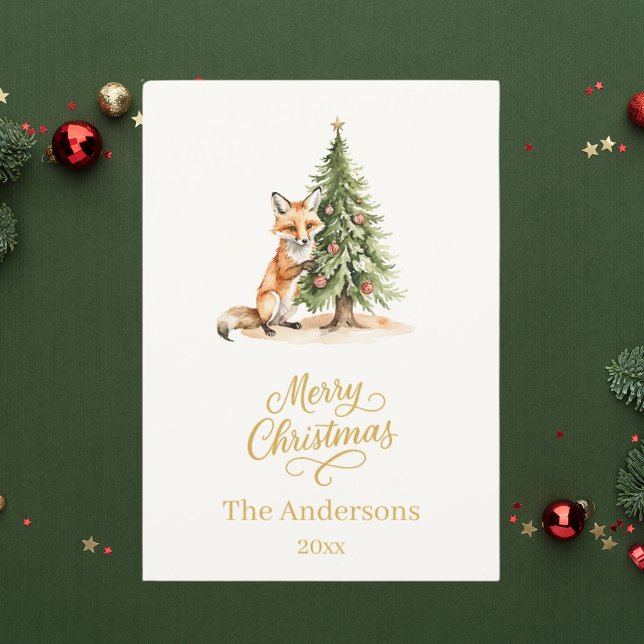 Christmas tree fox beige elegant script holiday card (Creator Uploaded)
