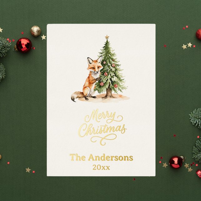Christmas tree fox cute photo year in review foil holiday card (Creator Uploaded)
