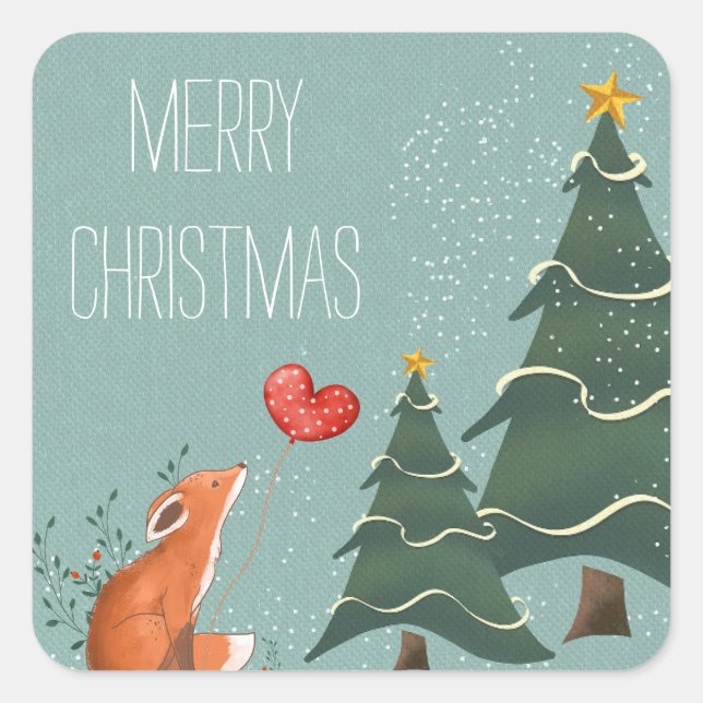Christmas Tree Fox Heart Balloon Square Sticker (Front)