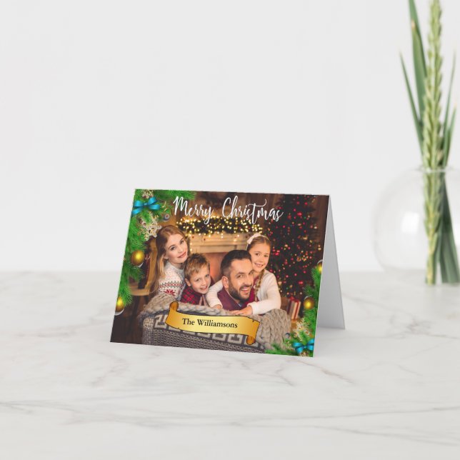 Christmas Tree Frame White Merry Christmas Photo Holiday Card (Front)
