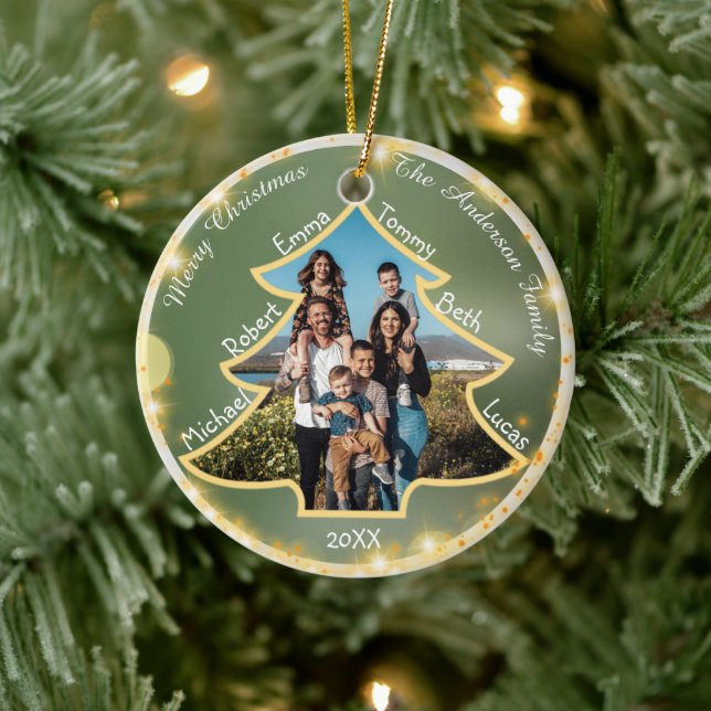 Christmas Tree Framed Large Family Photo & Name Ceramic Ornament (Tree)