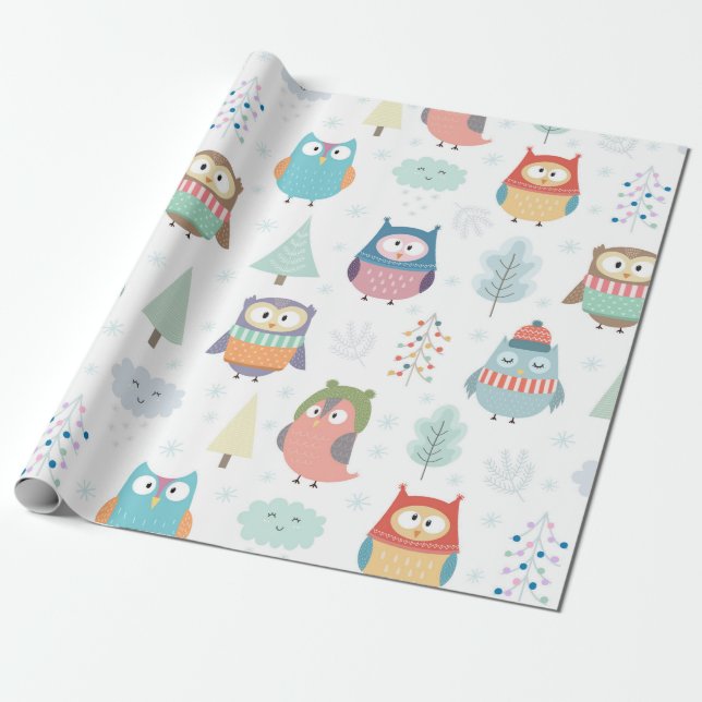 Christmas Tree Friends | Cute Festive Owls Wrapping Paper (Unrolled)