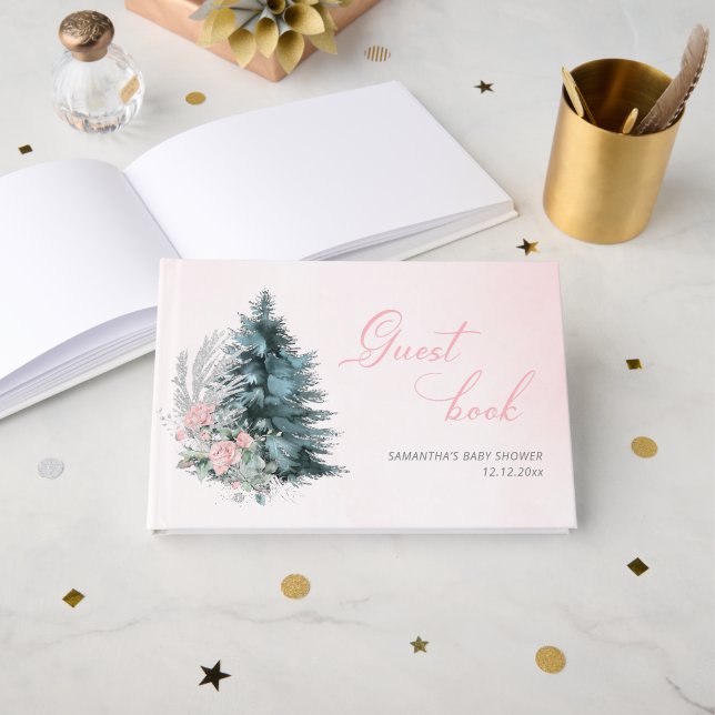 Christmas tree Frosty pink rose Baby shower Guest Book (Front Open)