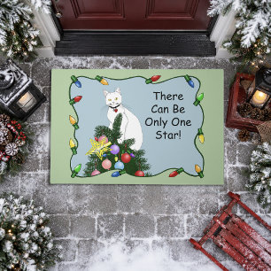Christmas Tree Funny White Cat Doormat