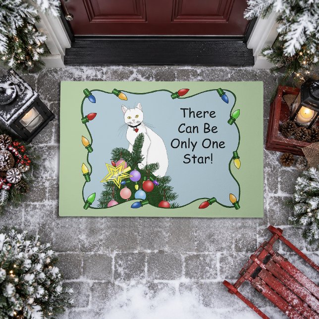 Christmas Tree Funny White Cat Doormat (Creator Uploaded)