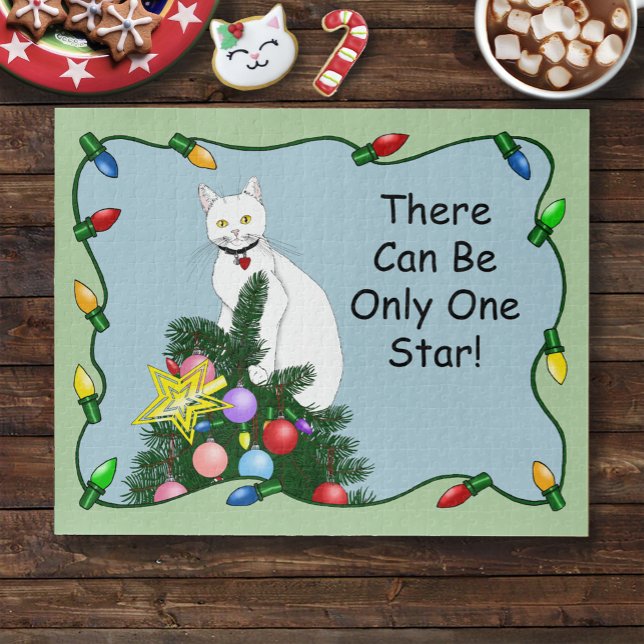 Christmas Tree Funny White Cat Jigsaw Puzzle (Creator Uploaded)