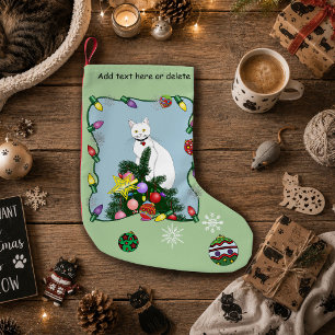 Christmas Tree Funny White Cat Small Christmas Stocking