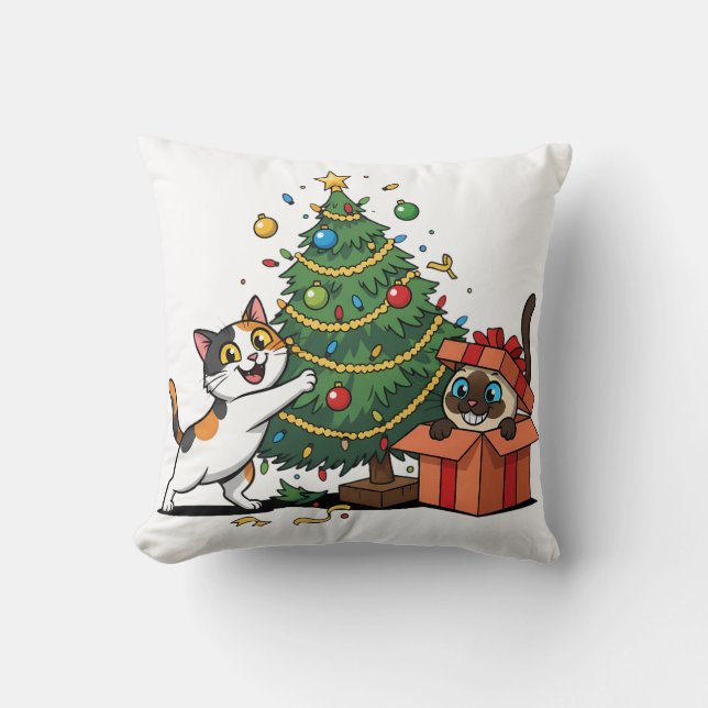 Christmas Tree & Gift Surprise Cats  Throw Pillow (Front)