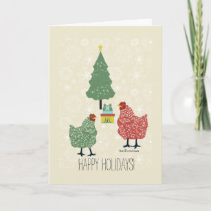 Christmas tree & gift with red & green hens holiday card
