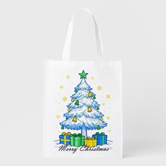 Christmas Tree & Gifts Merry Christmas Reusable Grocery Bag (Front)