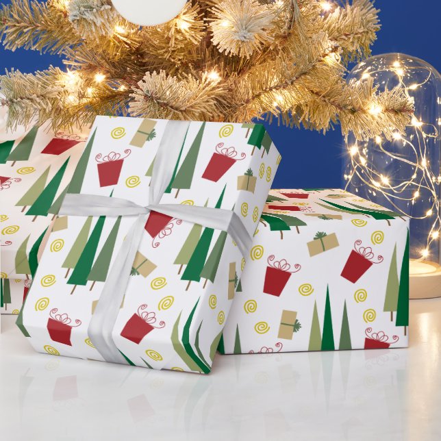 Christmas Tree & Gifts Retro Pattern Wrapping Paper (Holidays)