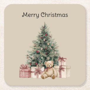 Christmas Tree Gifts Teddy Bear Square Paper Coaster