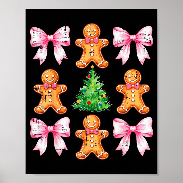 Christmas Tree Gingerbread Man Bow Pattern Xmas Gi Poster (Front)