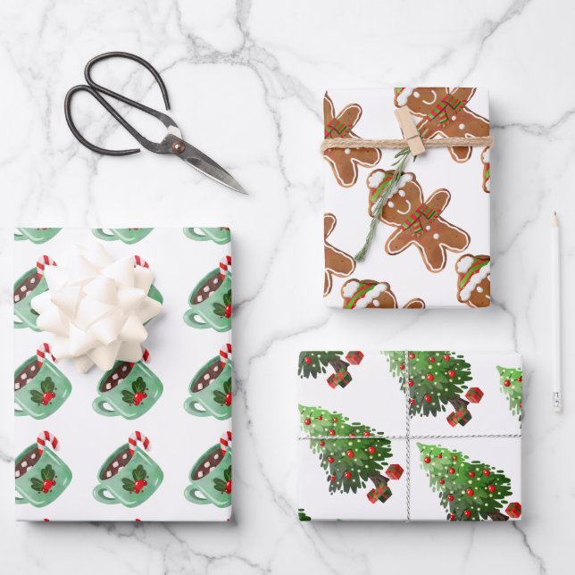 Christmas Tree Gingerbread Man Hot Cocoa Holidays Wrapping Paper Sheets (Front)