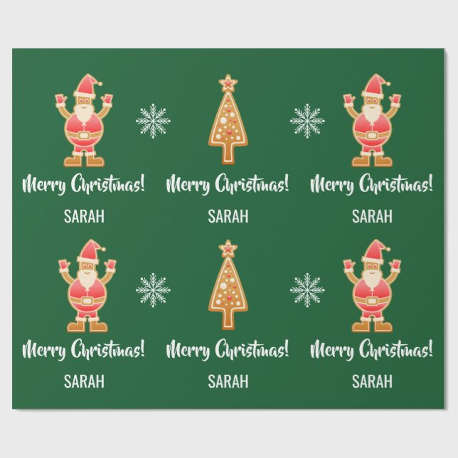 Christmas Tree Gingerbread Santa Snow Personalize  Wrapping Paper (Flat)