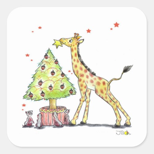 Christmas tree  giraffe square sticker