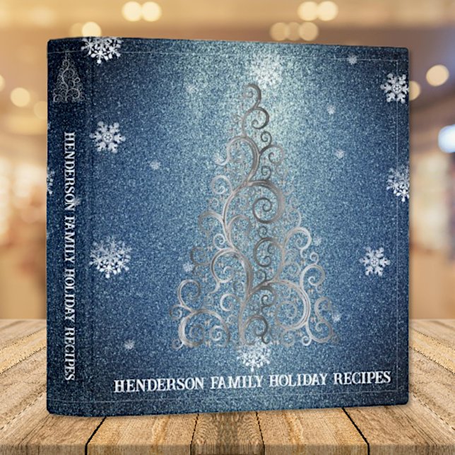 Christmas Tree Glitter and Snowflakes | Blue 3 Ring Binder (Blue Christmas Tree Glitter and Snowflakes Holiday Recipe Binder)